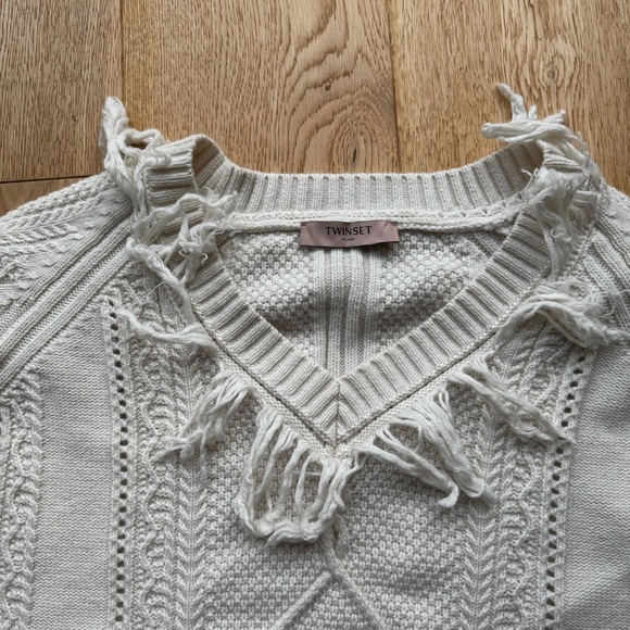 TWIN-SET MILANO KNITTED WOOL SWEATER WITH "V" NECKLINE FRINGE HEM CREAM- L - Picture 15 of 15